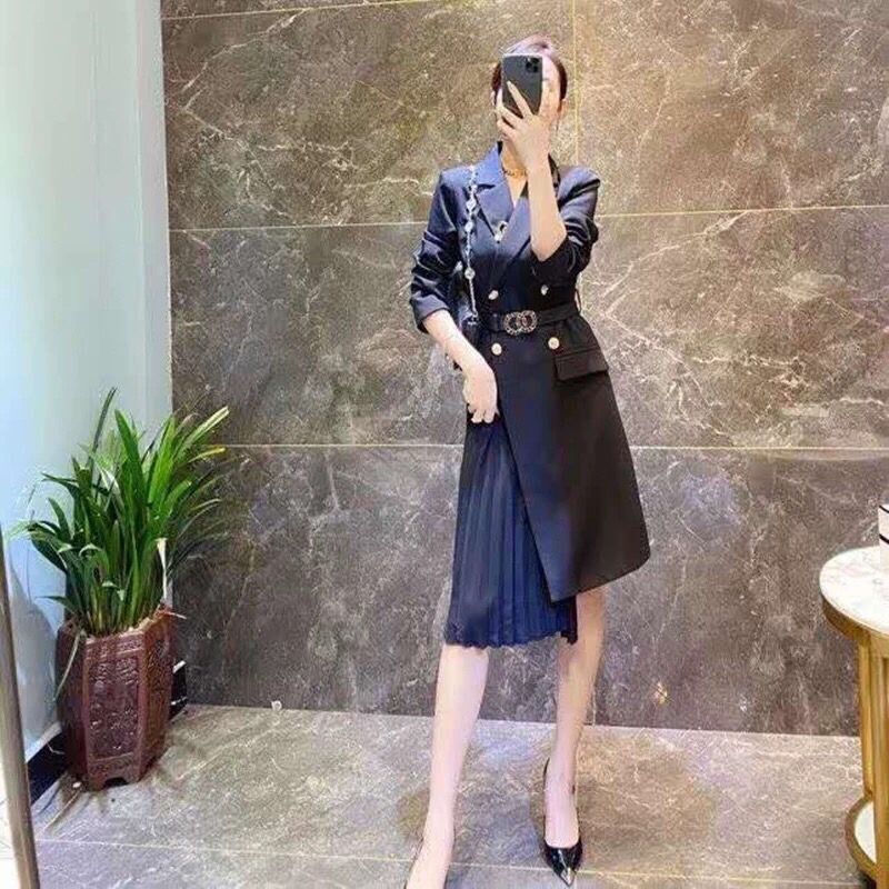 小黑裙女装2024夏装新款高腰显瘦长裙长袖百褶裙西装打底连衣裙