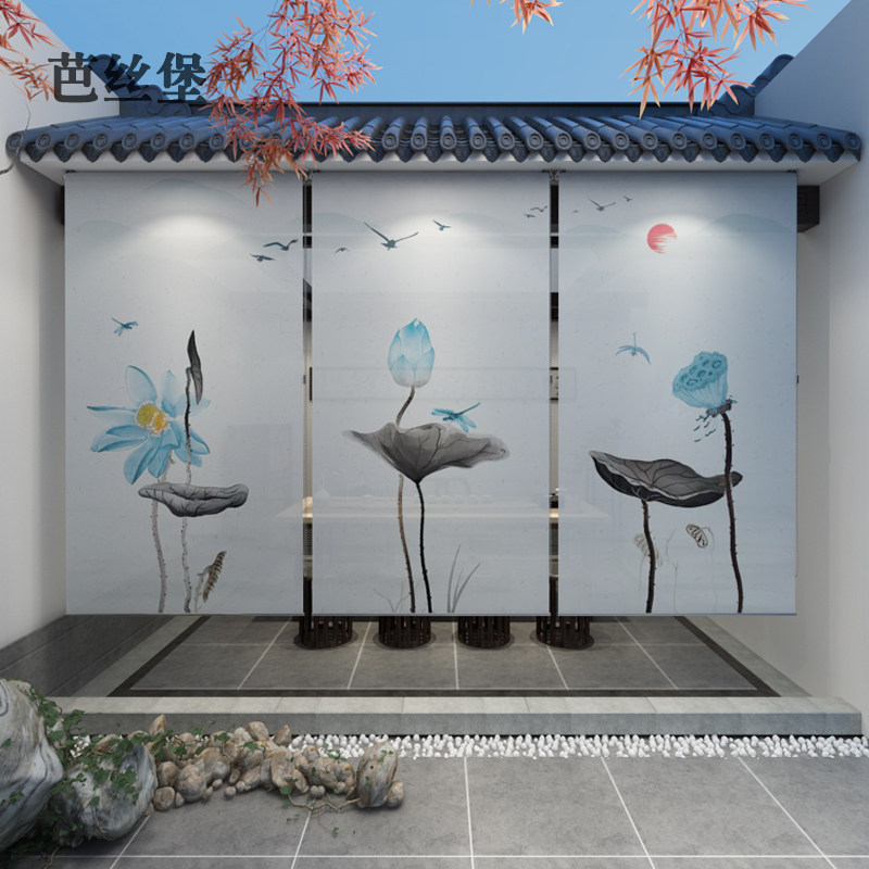 新中式窗帘卷帘帘子悬挂软隔断窗屏风升降办公茶室遮光定制中国风
