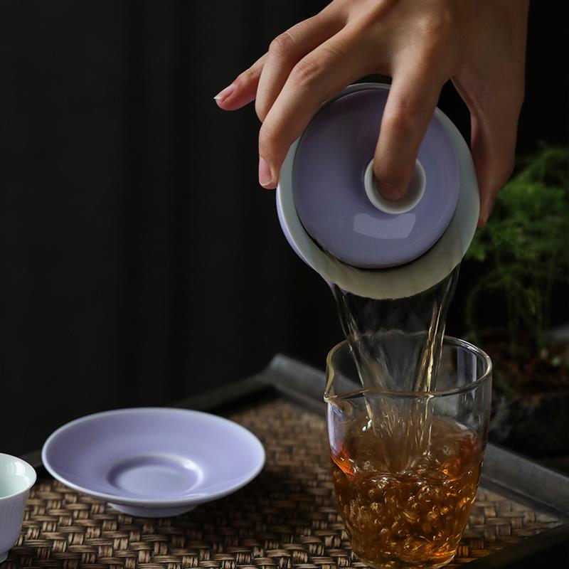 手工玉瓷盖碗茶杯景德镇陶瓷茶具紫色盖杯泡茶碗薄胎功夫杯三才碗