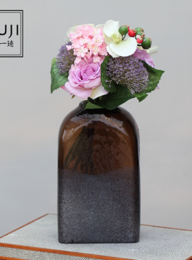 复古怀旧 纯手工刻磨咖啡色棕色吹制玻璃花瓶桌面花器客厅摆件