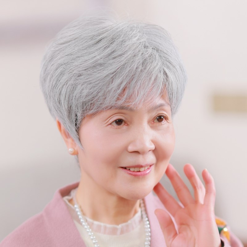 奶奶白色假发蓬松短发表演白发假发套老人整顶花白真发全头套透气