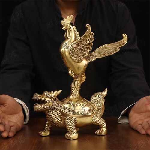 纯黄铜金鸡独立独占ao头龙龟摆件室内家用桌面铜金鸡龙龟摆放用品
