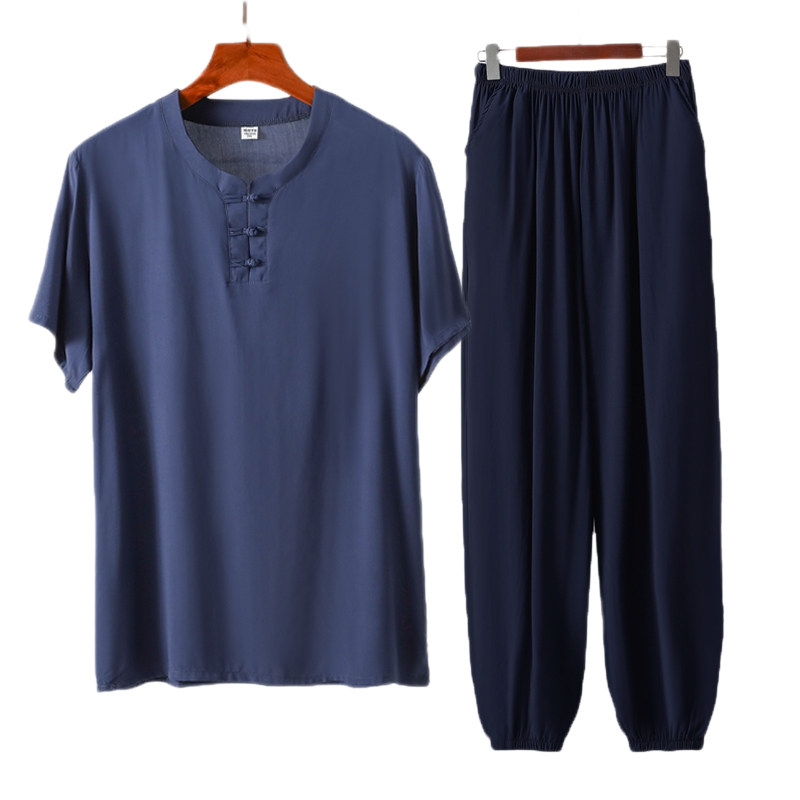 中老年男士棉绸睡衣裤套组夏季薄款人造棉家居服短袖T恤长裤晨练