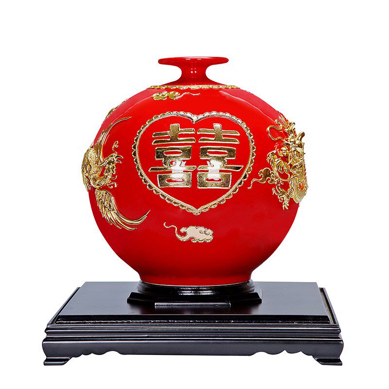 漆线雕天地方圆陶瓷贴金箔花瓶摆件家居装饰品结婚乔迁开业礼品