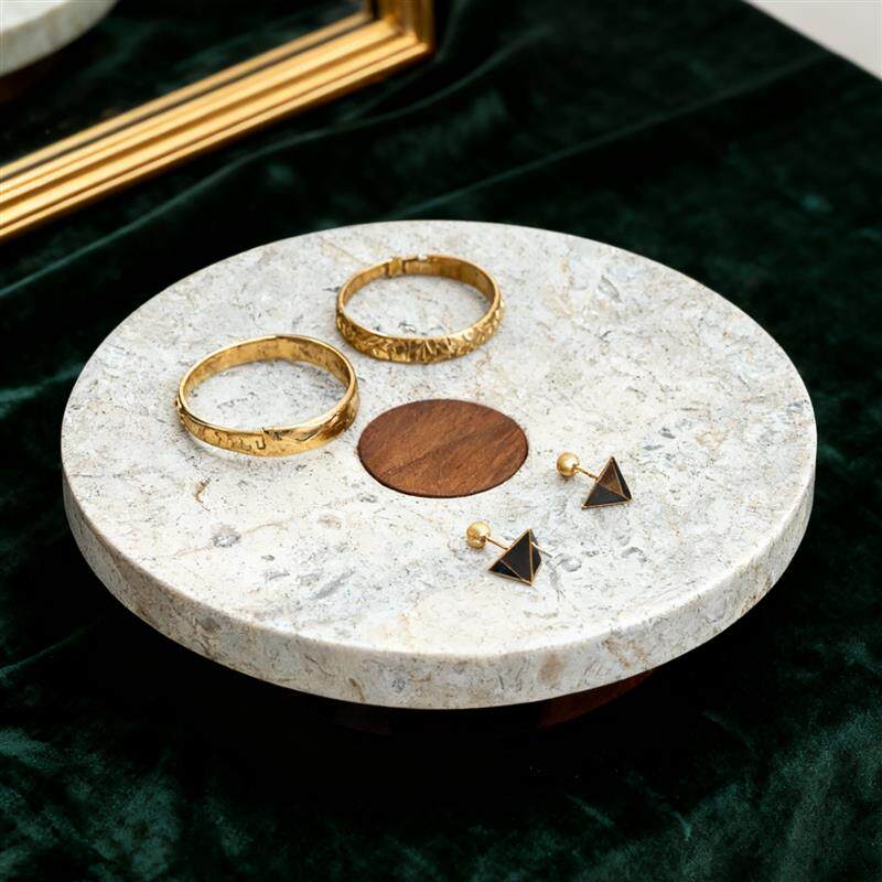 天然大理石高脚果盘实木香薰首饰盘佛手柑蛋糕托盘收纳盘装饰摆件