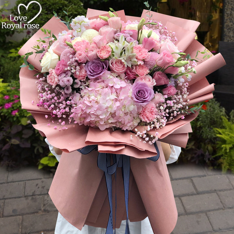 杭州鲜花速递同城玫瑰花康乃馨绣球混搭花束长辈生日订花店送上门