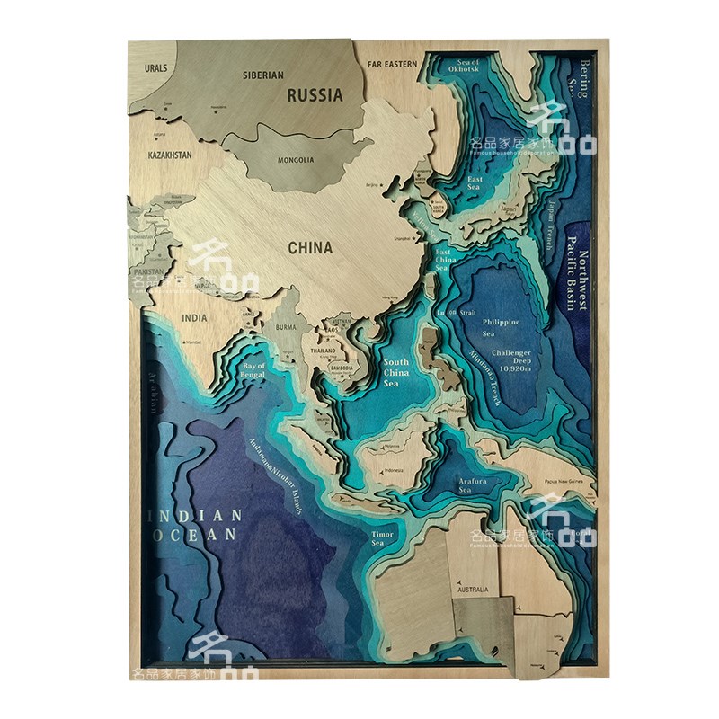 蓝色海洋地图木质立体雕刻墙饰地中海风格客厅玄关背景创意装饰
