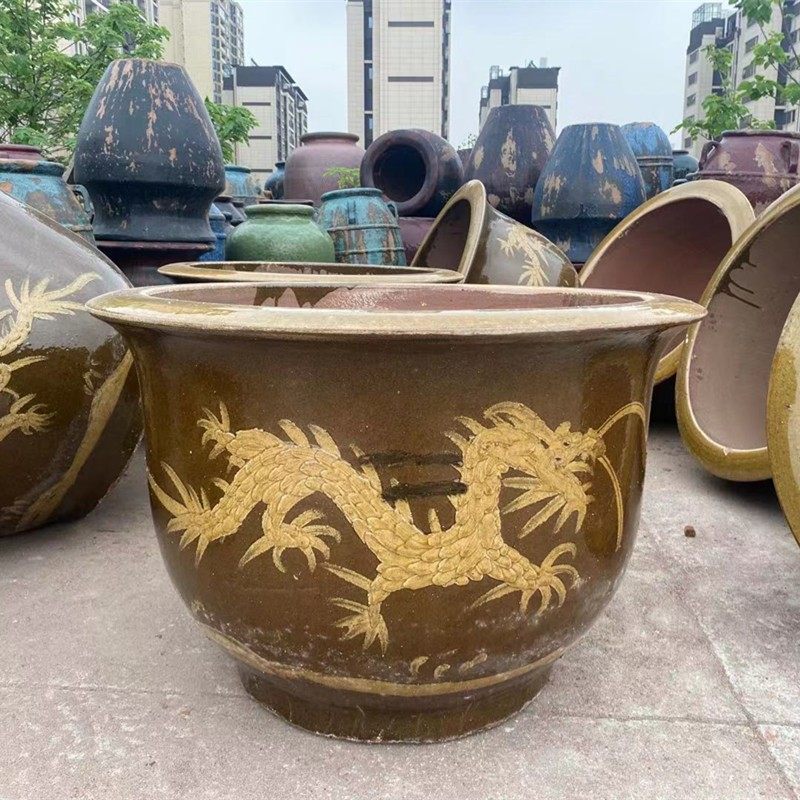 龙缸花盆均釉陶土缸粗陶大口陶瓷特大型家用铁树圆形田园绿植龙盆