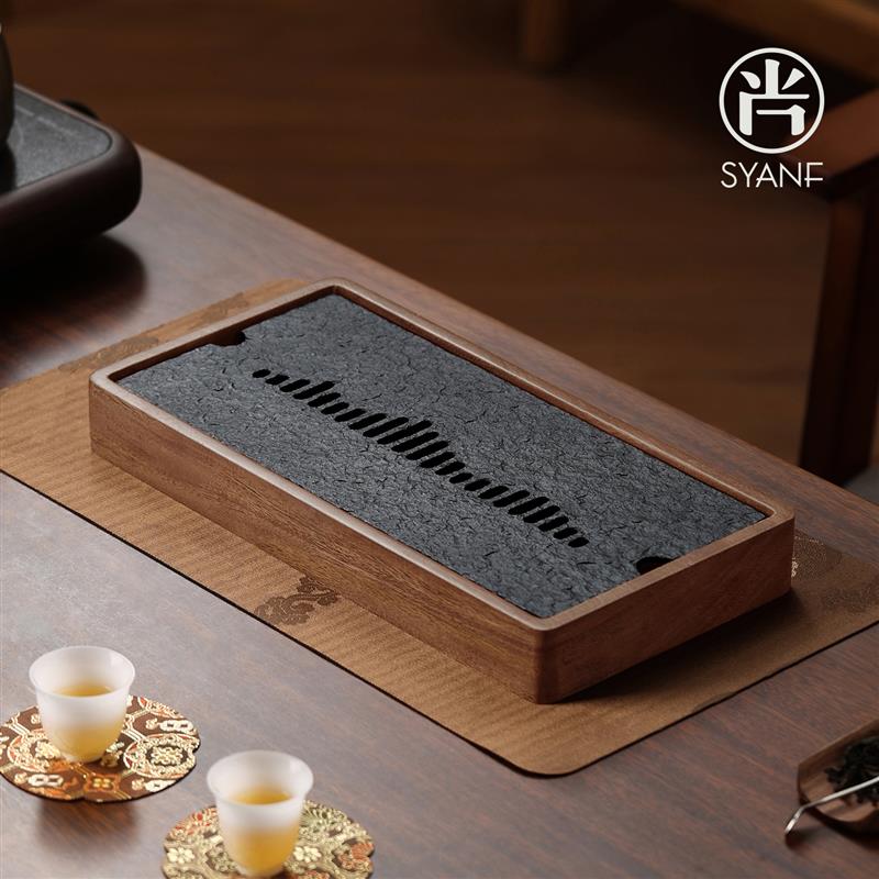 乌金石小型茶盘储水式带排水一人干泡茶台胡桃木精致高档茶具托盘图片