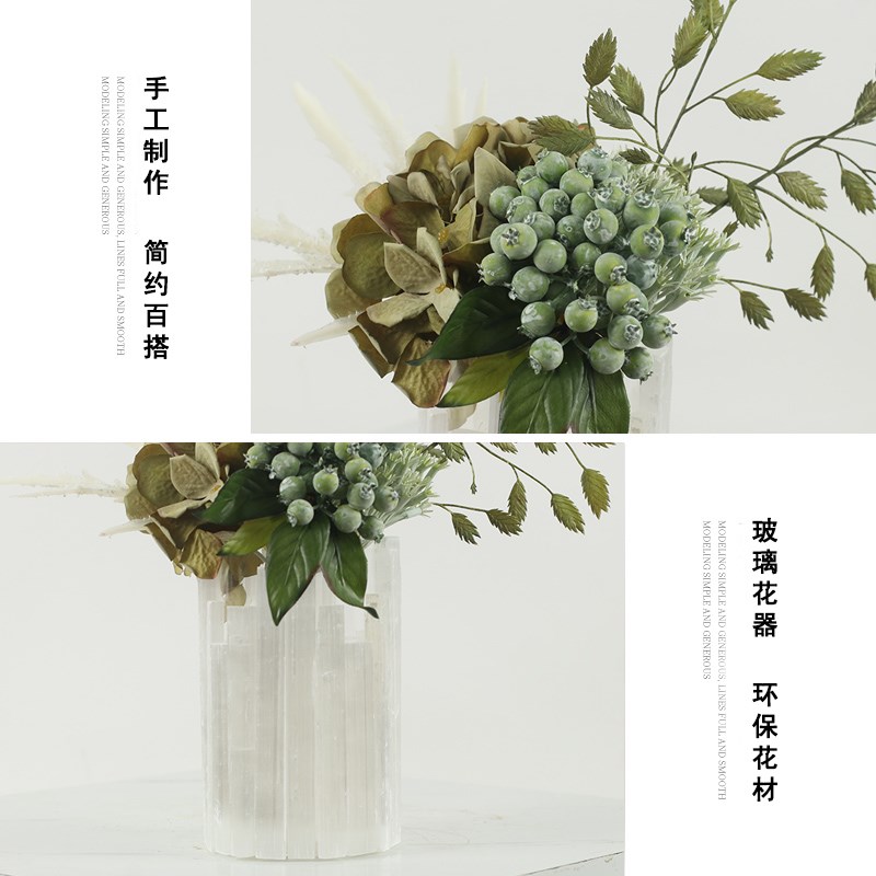 新中式洽谈桌花艺组合轻奢玻璃花器永生花摆件样板房售楼处装饰品