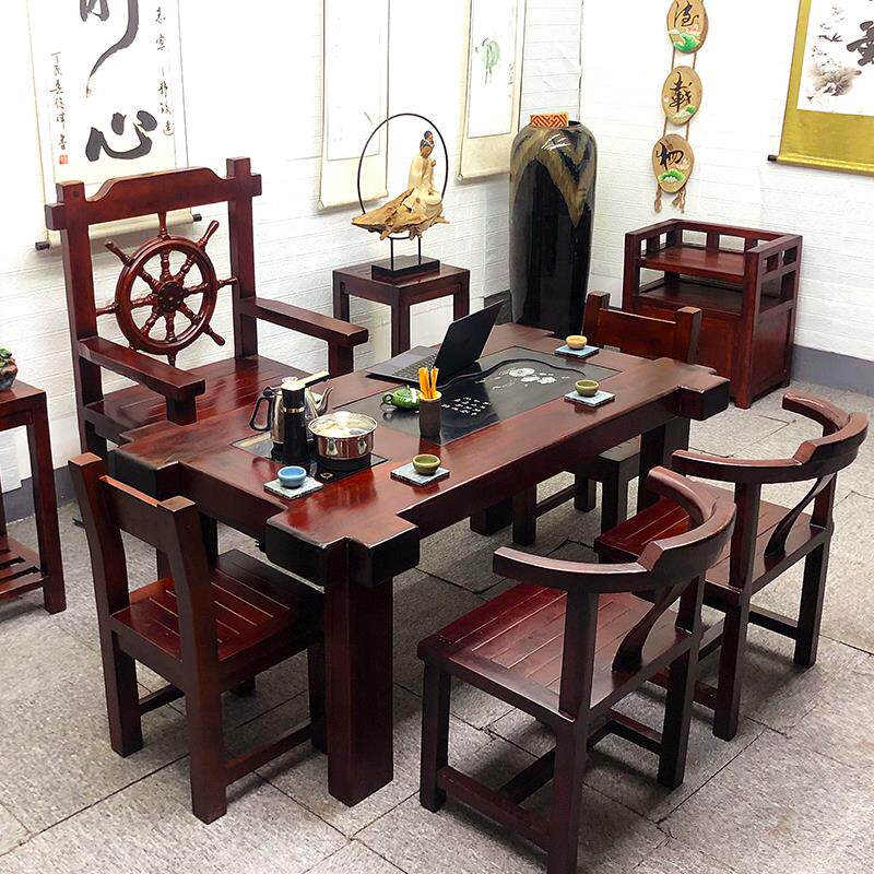 老船木实木大板茶桌椅组合中式家用办公室泡茶几功夫茶台一桌五椅