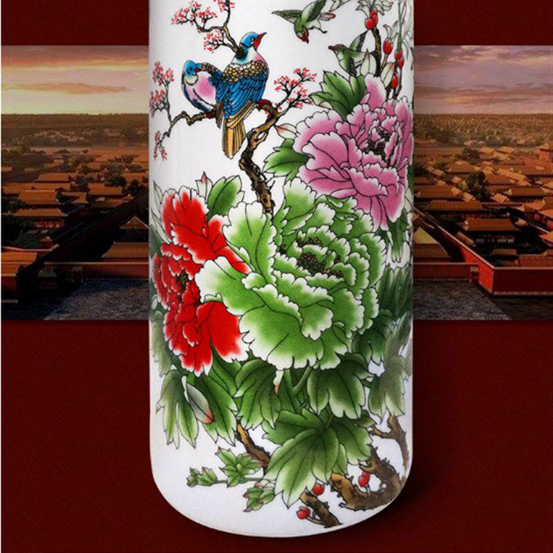 富贵满堂粉彩尊瓷景德镇陶瓷居家电视柜装饰品落地干花花瓶摆件