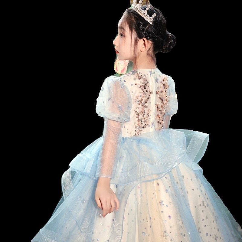 女童高端礼服公主裙生日蓝色花童婚纱主持人儿童钢琴演奏长袖秋冬
