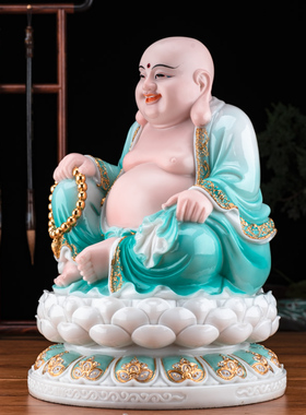 福佑林汉白玉彩绘镶金弥勒菩萨像玉雕大肚笑佛弥勒佛家居供奉摆件