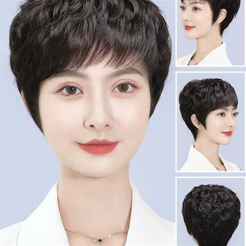 假发女短发真人发丝自然逼真全头套中老年