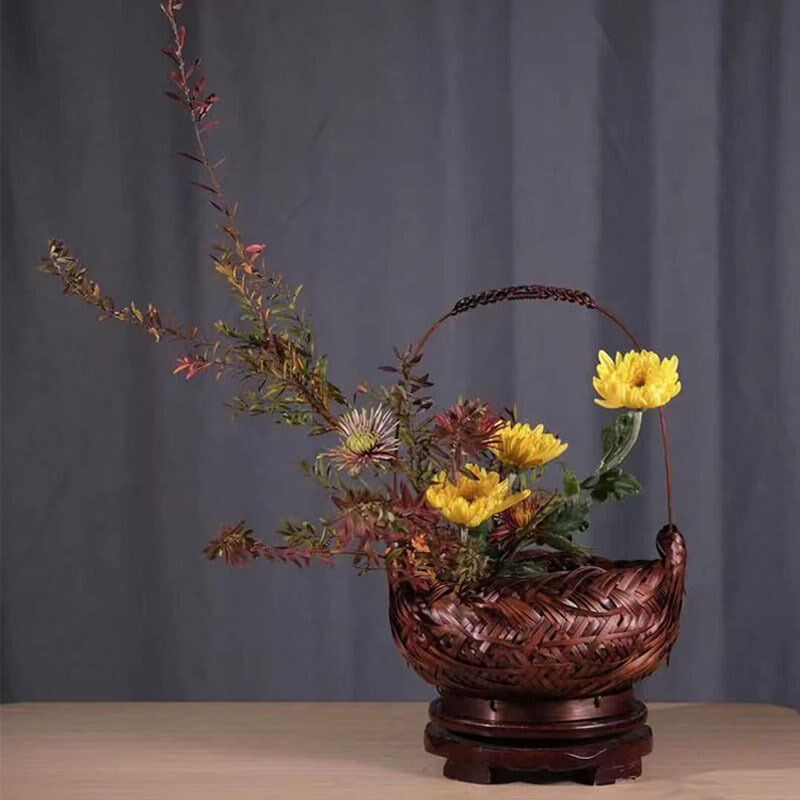 中式插花手提花篮复古竹编花瓶花器手工编织篮子客厅禅意花道摆件