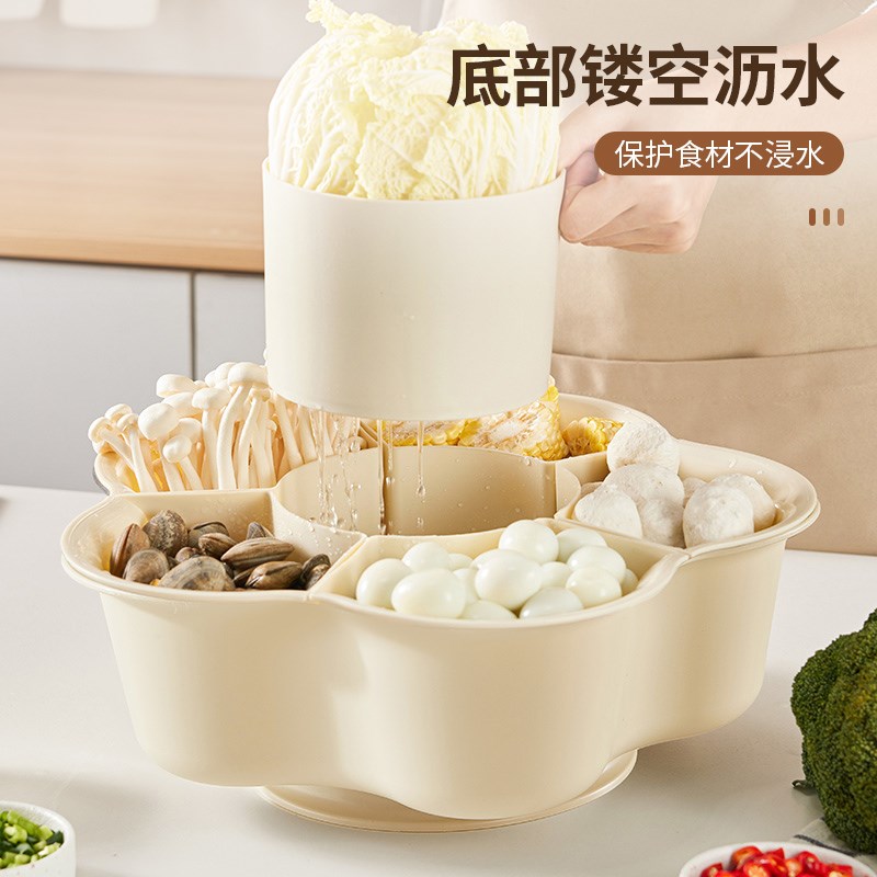 可旋转火锅配菜盘分格收纳蔬菜拼盘多功能沥水菜盘子厨房备菜神器