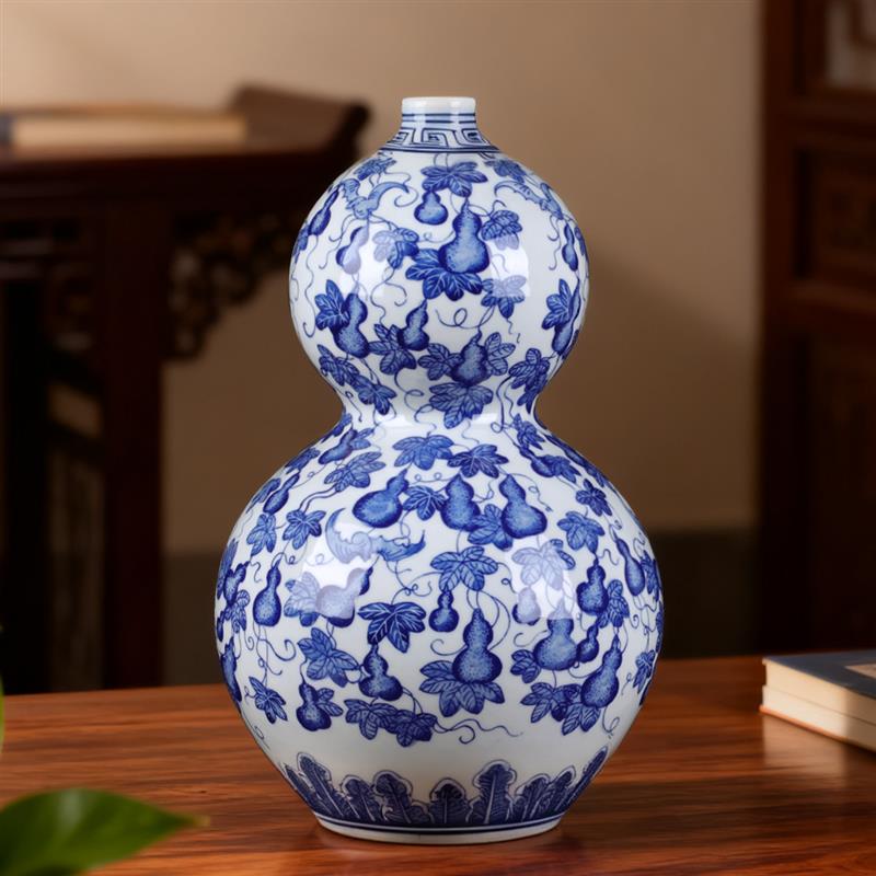 景德镇陶瓷器青花瓷仿古釉里红葫芦花瓶客厅摆件家居酒柜装饰品