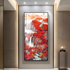 鸿运当头玄关装饰画新中式走廊过道挂画入户进门招财山水画晶瓷画