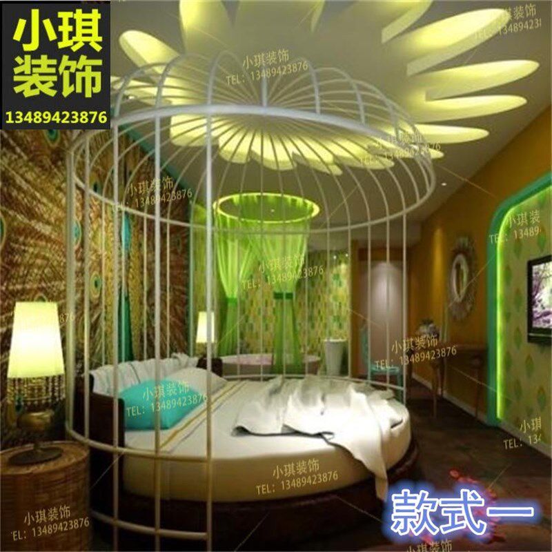创意铁艺大圆床儿童公主床单双人床时尚情侣婚床酒店装饰大型鸟笼