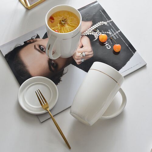 金边办公杯茶杯陶瓷水杯办公商务茶杯带盖陶瓷杯会议杯logo定制
