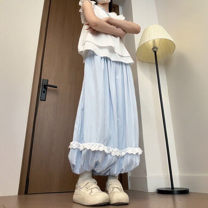 蓝色花苞裤裙女格子蕾丝拼接a字大码胖mm小个子独特漂亮灯笼裙裤