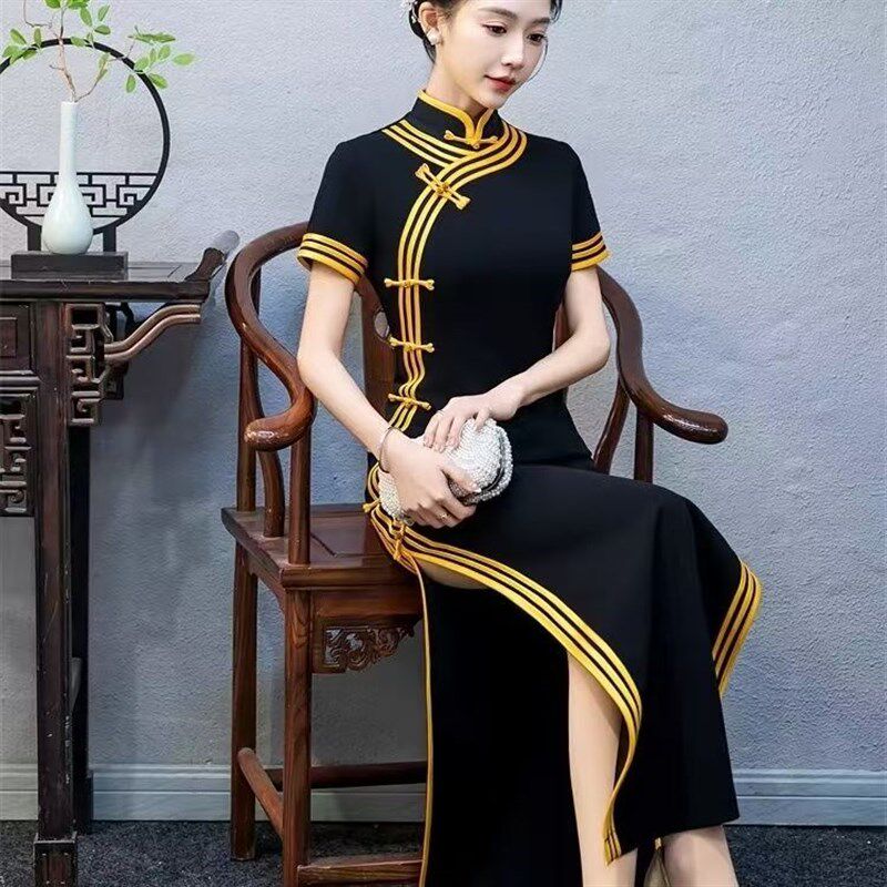 2025新款高端大气走秀长款旗袍中老年模特宴会舞台演出舞蹈服年轻