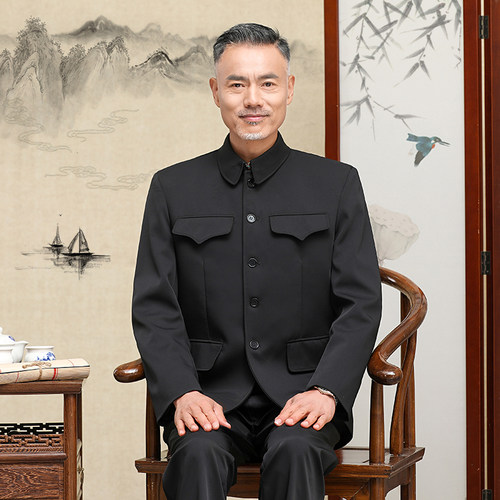 春秋中山装男士中老年军便中山服老人外套老年人爷爷装爸爸军干服
