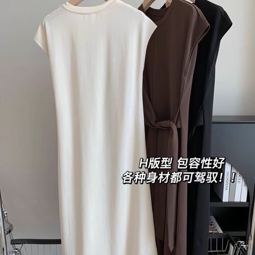 高级感法式显瘦设计感腰间系带圆领休闲中长款连衣裙夏季H直筒裙