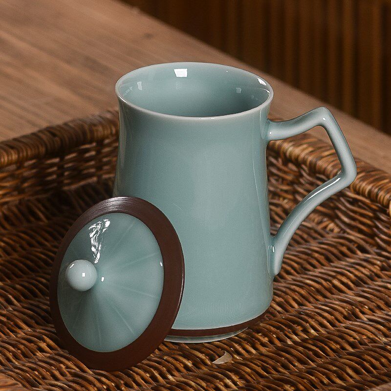 青瓷茶杯高档老板办公室马克杯带盖中式陶瓷泡茶杯子定制刻字礼品