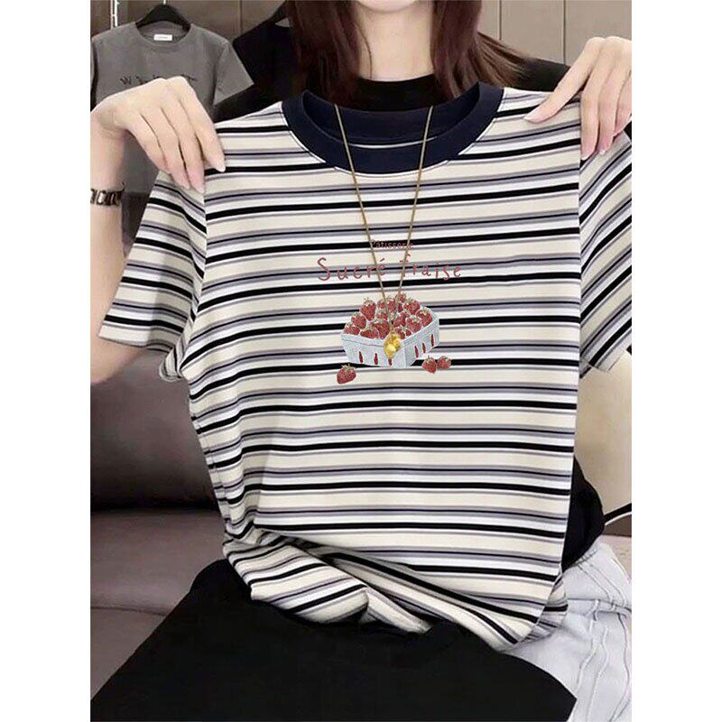 韩系撞色条纹短袖t恤女小众设计感清新印花正肩显瘦减龄上衣夏季
