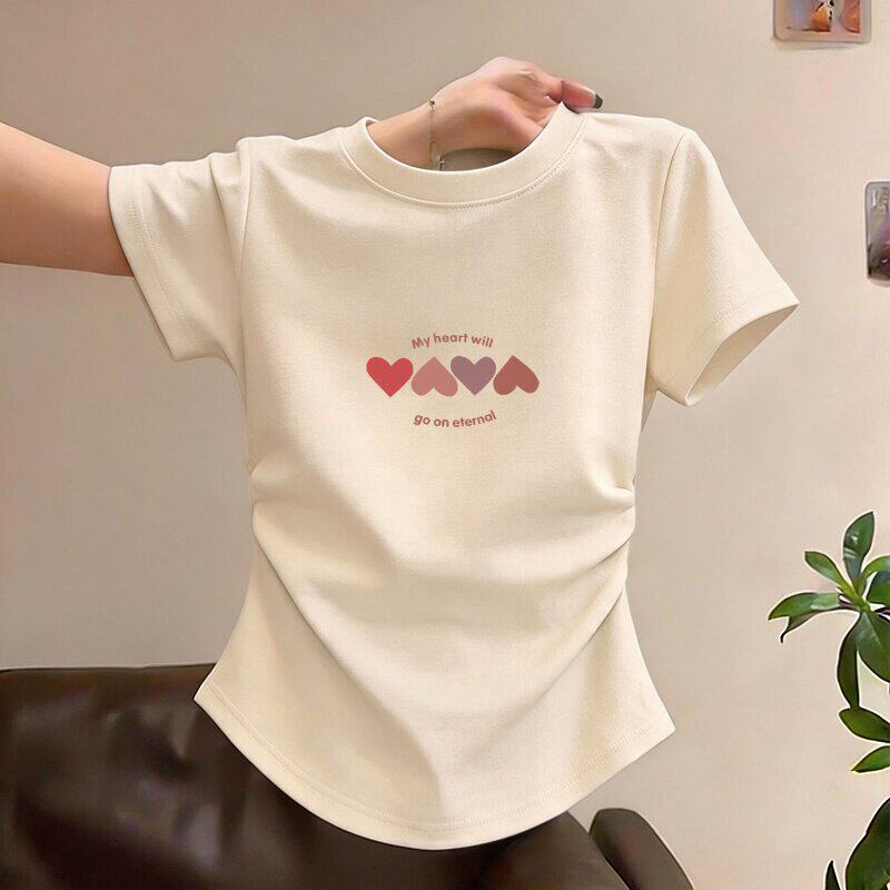 不规则褶皱收腰奶油色短袖t恤女纯棉2026夏季新款短款上衣内搭潮