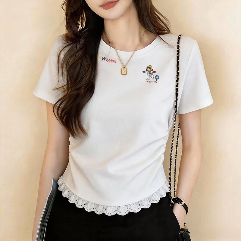 白色蕾丝花边拼接短袖t恤女