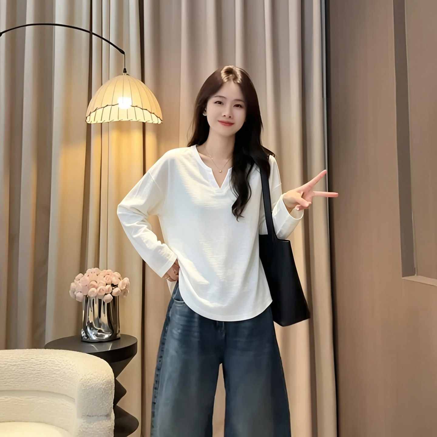 秋冬新款纯竹节棉长袖打底T恤女