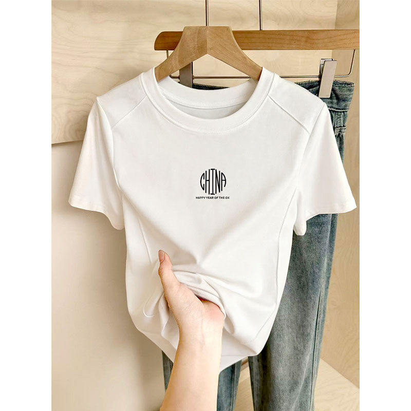 正肩鱼骨线修身显瘦短袖t恤女夏季圆弧形短款设计感小众洋气上衣