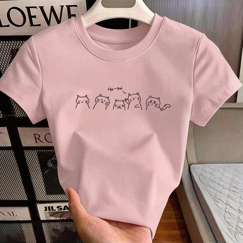 圆领短袖t恤女2026新款夏季纯棉粉色减龄内搭显瘦小个子短款上衣