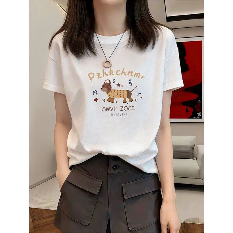 白色棉质短袖T恤女夏季新款2026年卡通印花休闲宽松减龄洋气上衣