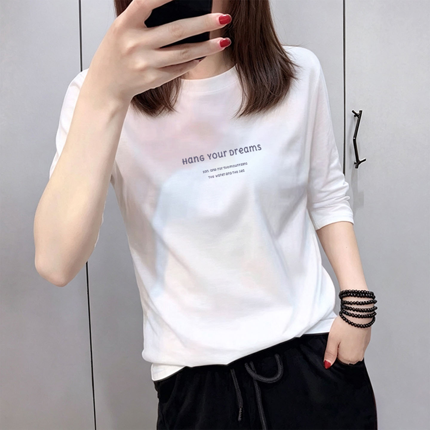 白色圆领显瘦七分袖T恤女2026早春秋季韩版半袖宽松上衣百搭打底