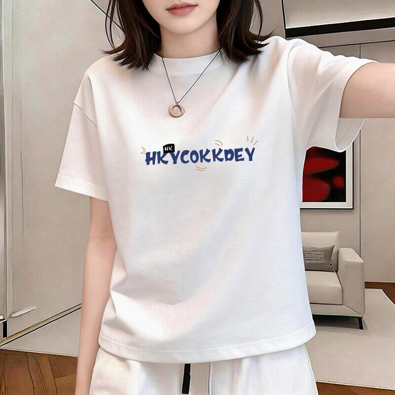 正肩圆领短袖t恤女夏季新款显瘦棉质打底衫宽松字母设计减龄上衣
