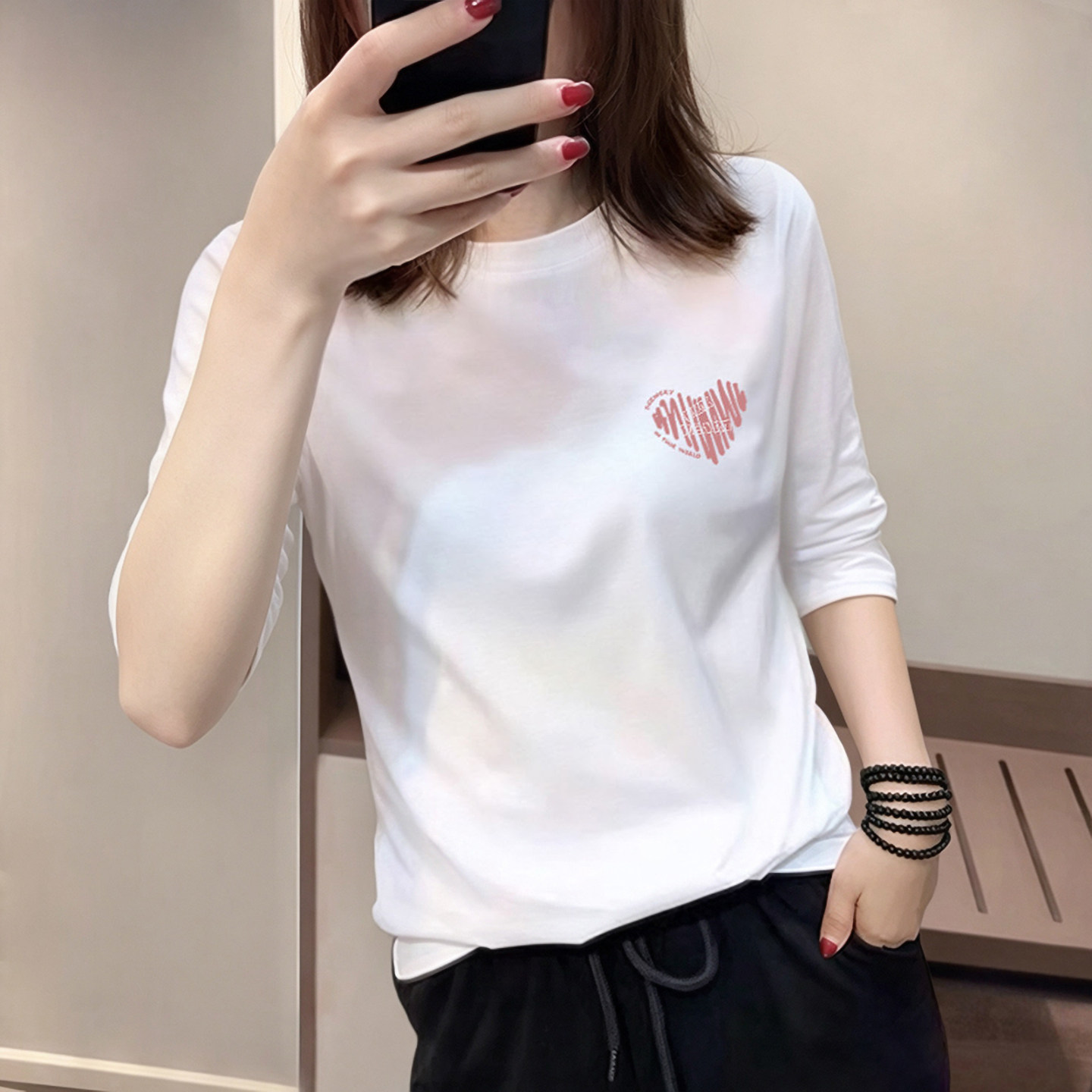 春秋正肩七分袖t恤女圆领上衣