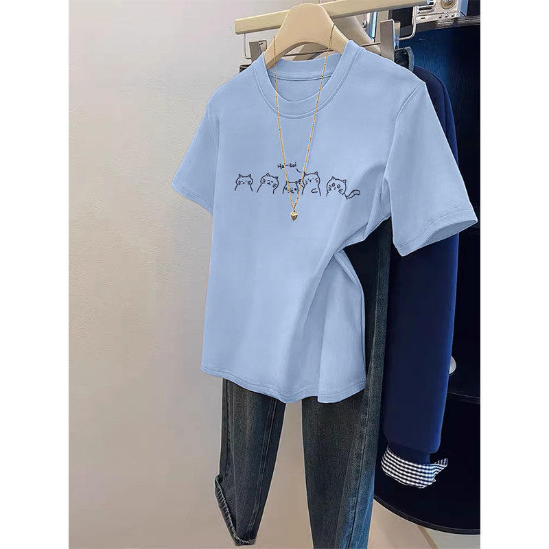 蓝色猫咪纯棉短袖t恤女2026夏季新款显瘦内搭洋气辣妹短款小上衣