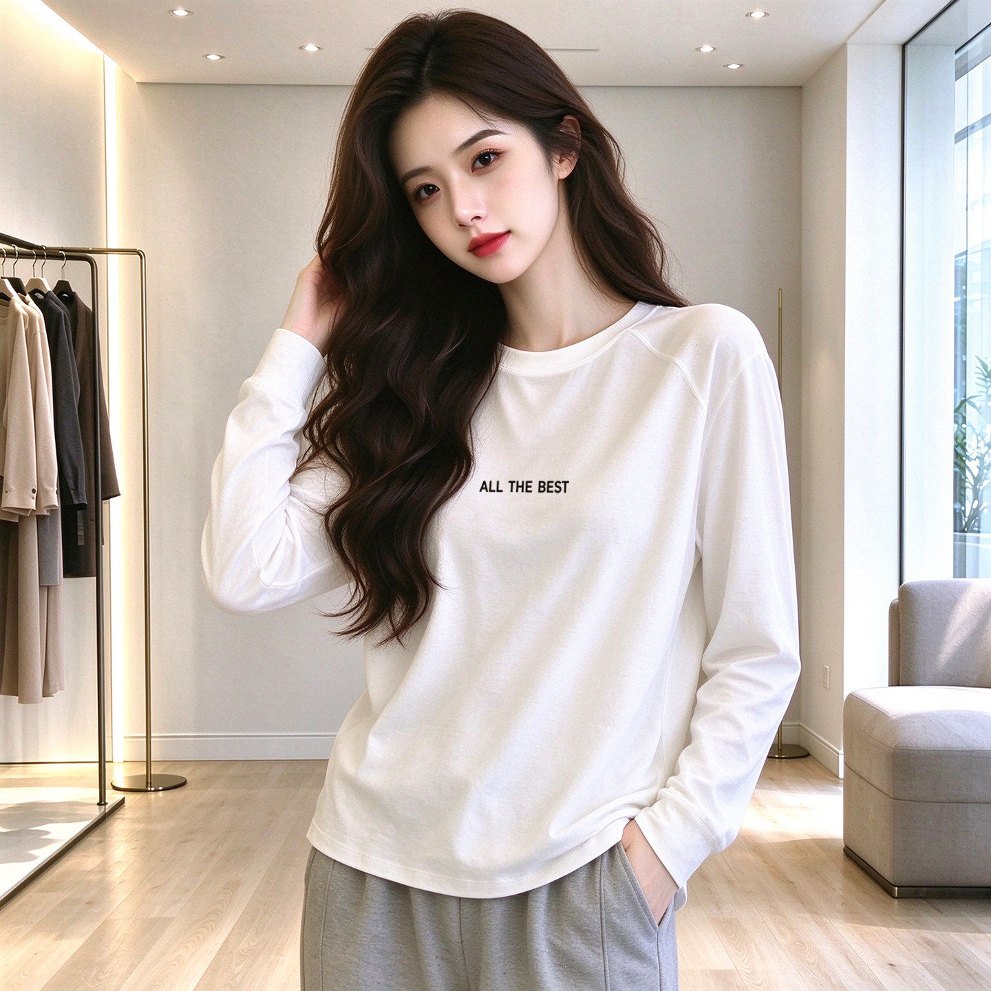 韩系简约白色长袖T恤女大码宽松