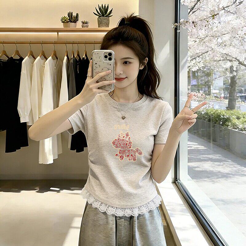 欧货正肩纯棉短袖t恤女短款上衣