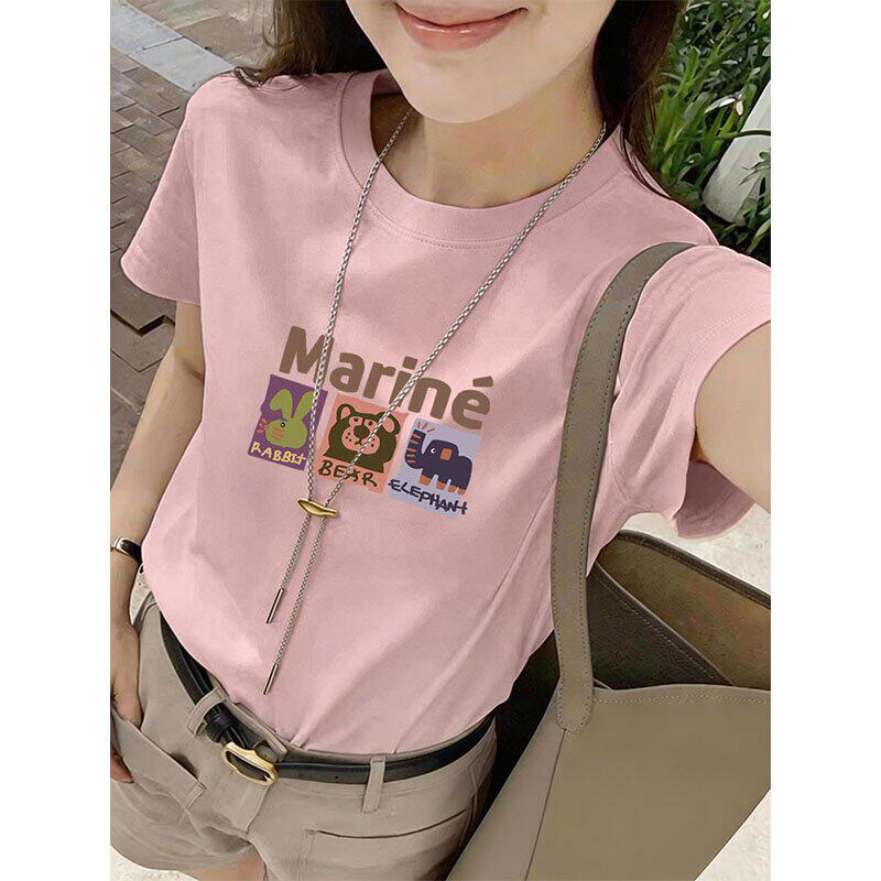 正肩短袖t恤女夏季新款粉色修身显瘦半袖棉质体恤通勤短款上衣潮