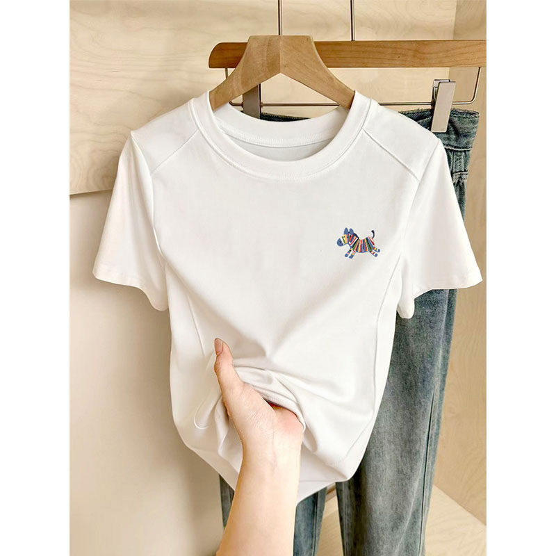 2026新款白色正肩短袖t恤女夏季纯棉半袖短款不规则显瘦鱼骨上衣