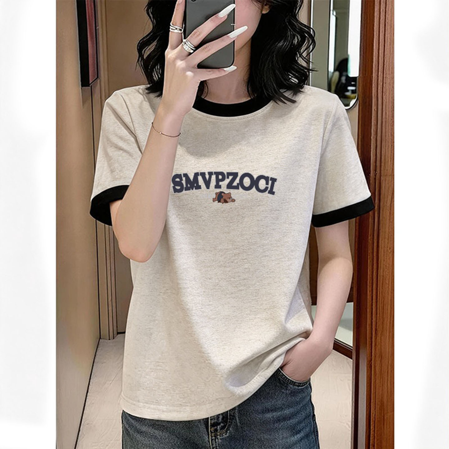 灰色美式字母短袖t恤女百搭正肩圆领夏季小个子宽松显瘦减龄上衣