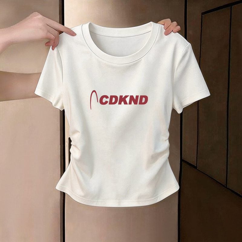 正肩修身短袖女2026年夏季新款别致圆领纯棉短款皱褶收腰t恤上衣