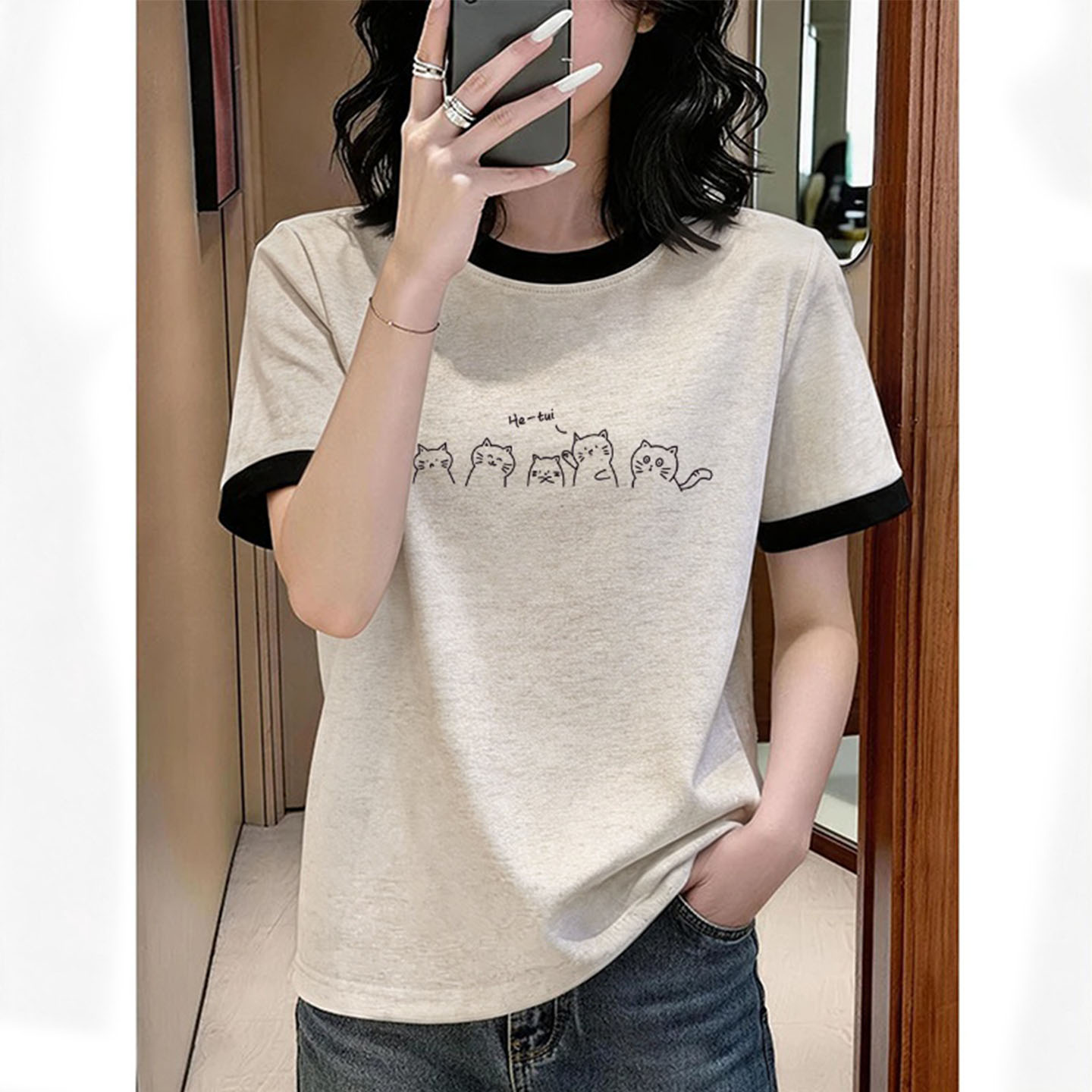 正肩圆领短袖t恤女韩版潮流热卖火爆拼色字母减龄洋气百搭打底衫