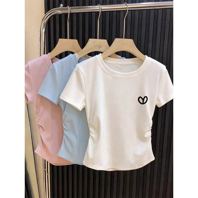 正肩收腰辣妹白色纯棉短袖t恤女夏季2026年圆领内搭修身短款上衣