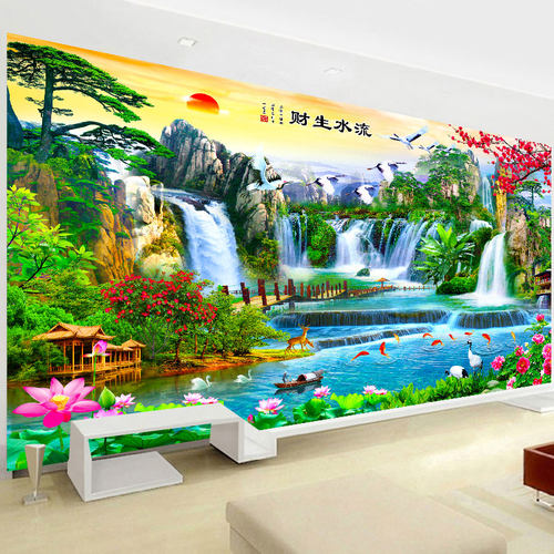 线绣迎客松十字绣2021新款客厅大幅手工刺绣山水风景画流水生财满